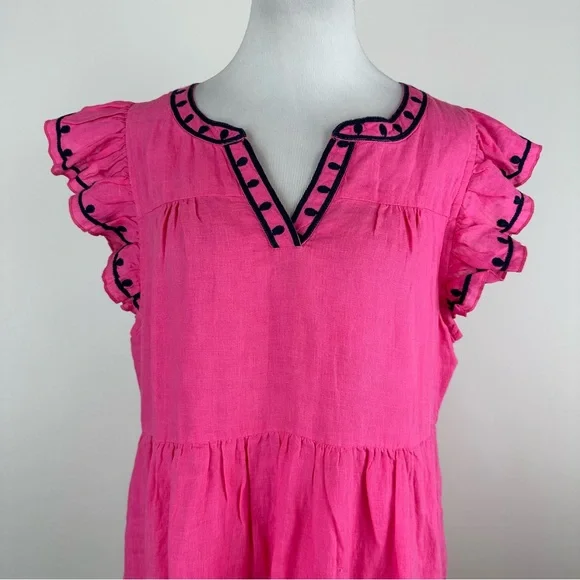 Navy Bleu Eloise Pink Embroidered Linen Flutter Sleeve Dress Size Large - Picture 3 of 14